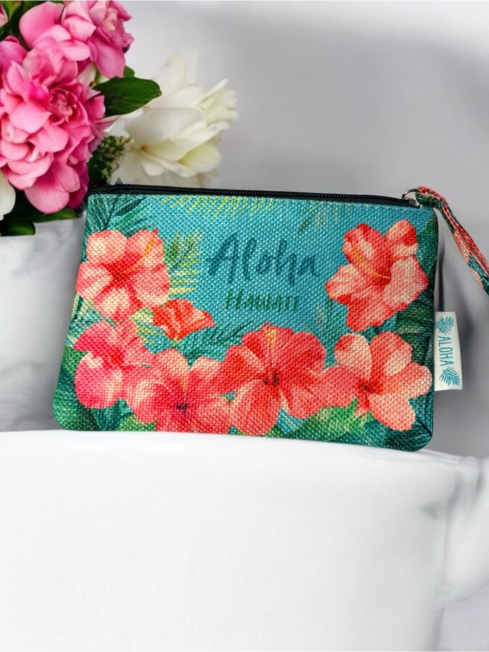 Island Crew Hawaii ~ Aloha Tropical Floral Wristlet Pouch - Teal & Coral ~ NWOT